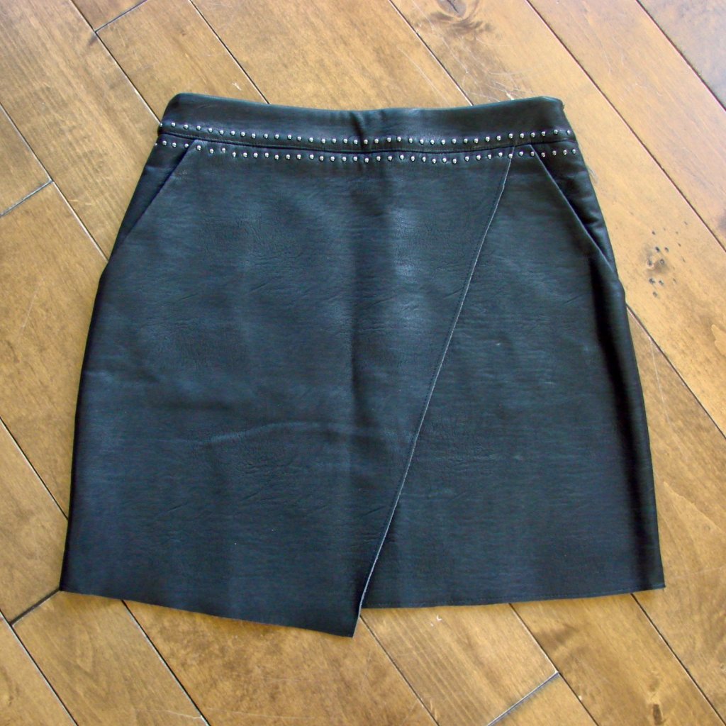 Suncoo Paris Black Leather Mini Skirt Silver Studs Moto Grunge Size Small